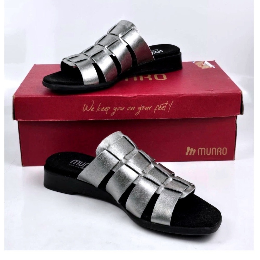 Munro Carrera Silver Metallic Woven Leather Slide Sandals 6.5W 4092371